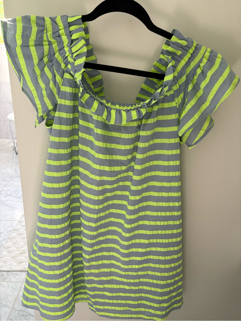 Corey Lynn Calter Striped Off-Shoulder Mini Dress in Neon Yellow and Gray